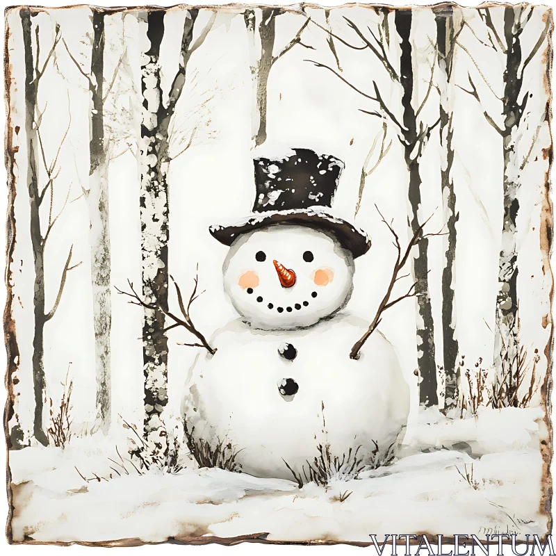 Festive Snowman in a Snowy Birch Forest AI Image