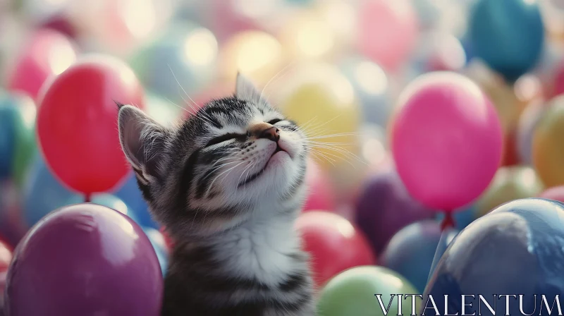 Happy Cat Surrounded by Balloons AI Image