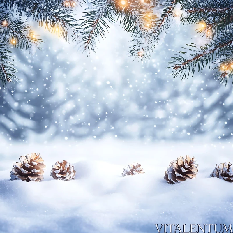 Snow-Covered Grounds with Pine Cones and Frosty Pine Branches AI Image