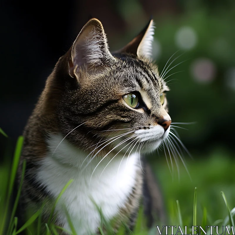 Cat Close-Up with Green Eyes Amidst Grass AI Image