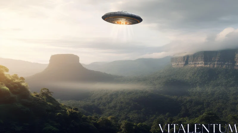 AI ART Alien Saucer Hovering Over Enchanted Mountains