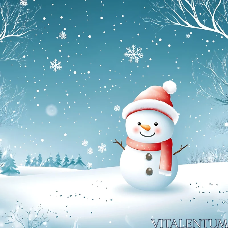 Smiling Snowman Amidst Snowflakes AI Image