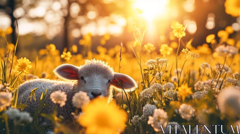 Captivating Image of a Cute Lamb in a Field of Flowers AI Image