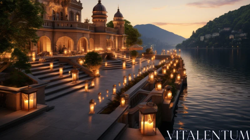 Castle by the Lake at Sunset: Exotic and Photorealistic Renderings AI Image