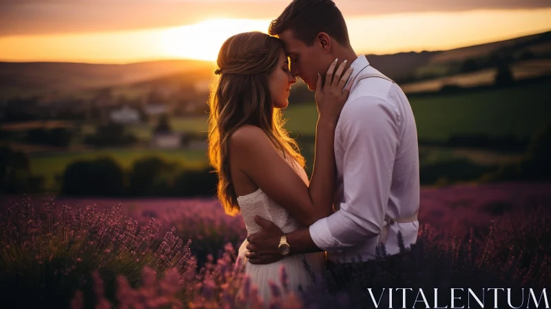 Couple Embracing in Lavender Fields at Sunset - A romantic fantasy AI Image