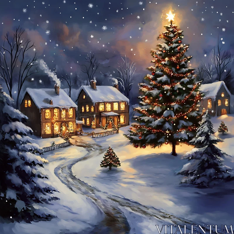 Cozy Winter Village Scene with Lit Christmas Tree AI Image