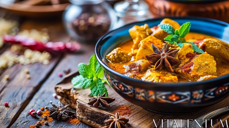 Delicious Chicken Curry with Rice and Spices on a Wooden Table AI Image