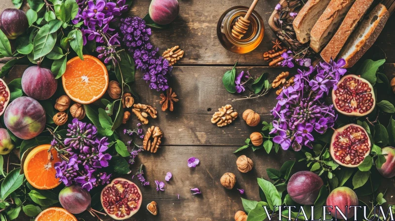 Delicious Food and Beautiful Flowers on a Wooden Table AI Image