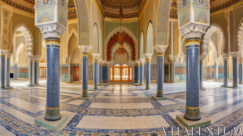 Elegant Hallway with Tiled Floor and Blue Columns AI Image