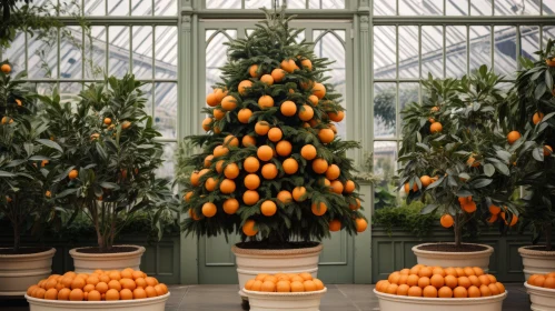 Festive Christmas Tree in a Green Room with Orange Trees