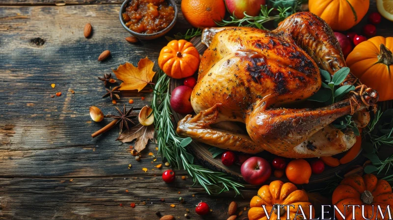 Thanksgiving Feast: Roasted Turkey, Apples, Pumpkins, and Cranberries AI Image