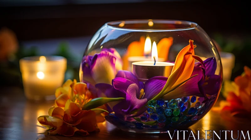 Ultraviolet Photography: Exotic Floral Arrangement with Candle AI Image