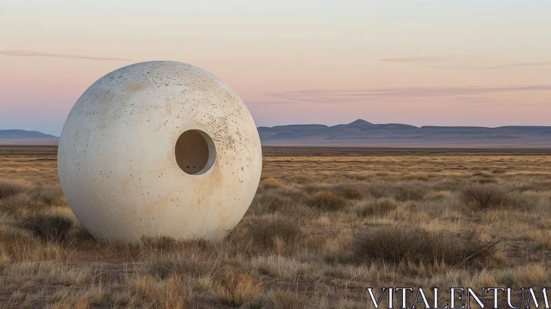 White Concrete Sphere in Desert Landscape with Setting Sun AI Image