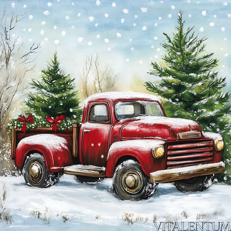 Festive Vintage Red Truck in Snow AI Image