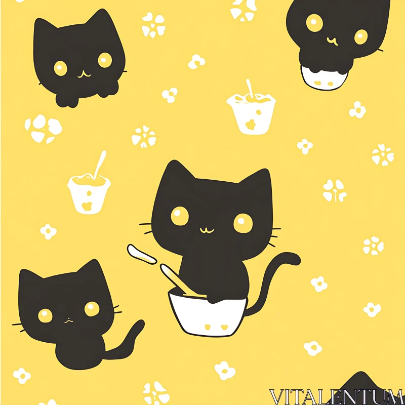 Cute Cartoon Cats on Bright Yellow Background AI Image