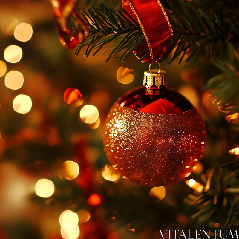 Red Christmas Ornament with Festive Golden Lights AI Image