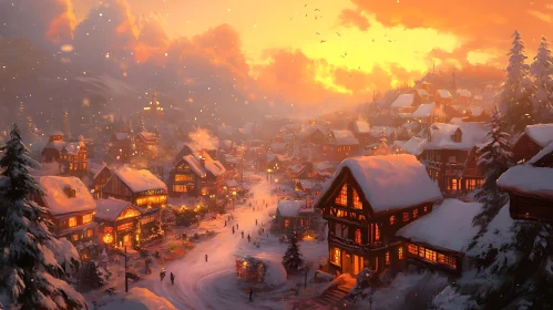 Snowy Village at Sunset