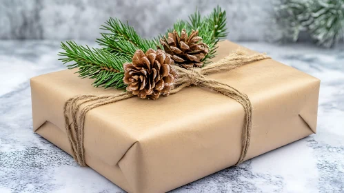 Festive Gift Decorated with Pinecones and Evergreens