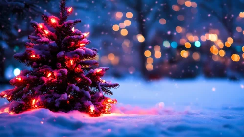 Festive Christmas Tree Illuminated in Winter Snow