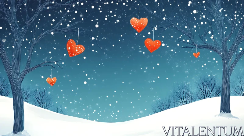 AI ART Snowy Night with Heart Ornaments on Trees