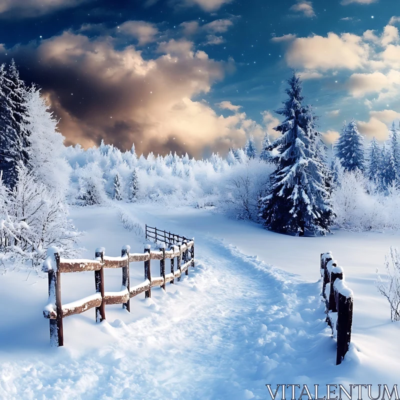 Snow-Covered Path in a Winter Forest AI Image