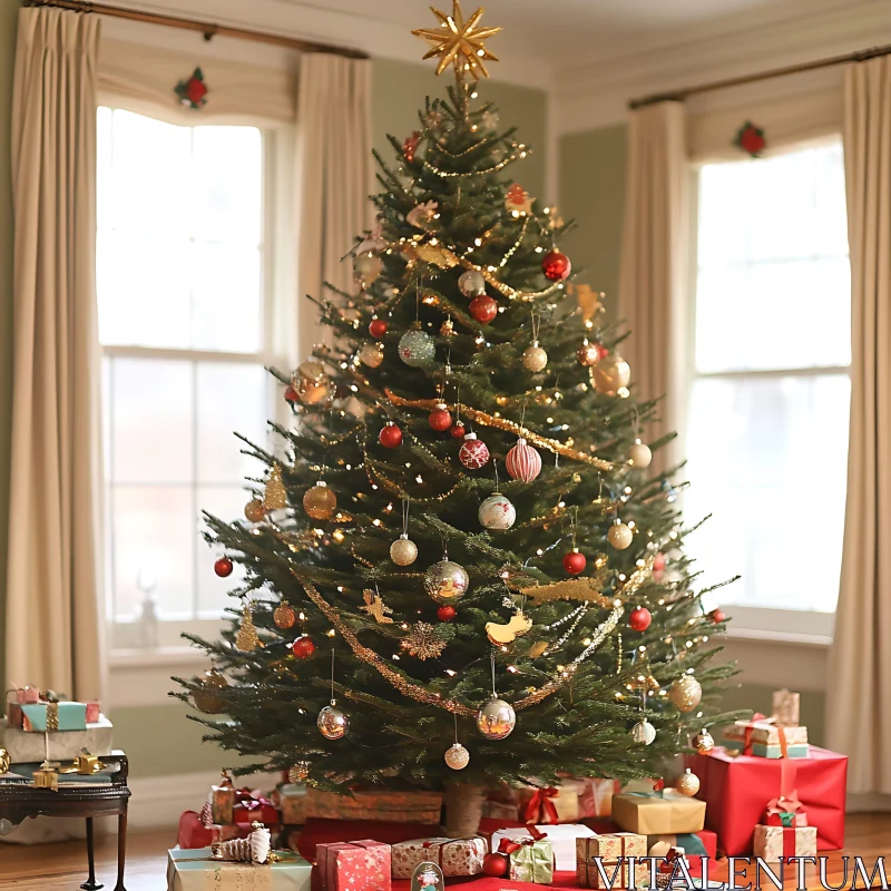 Beautifully Decorated Christmas Tree with Ornaments and Gifts AI Image