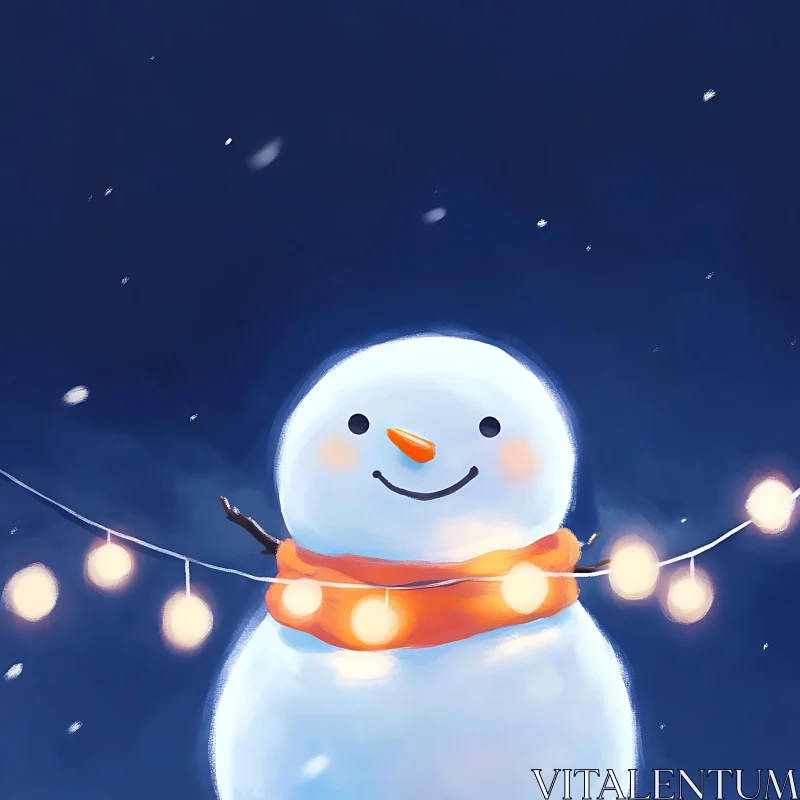 Festive Snowman with Orange Scarf and String Lights AI Image