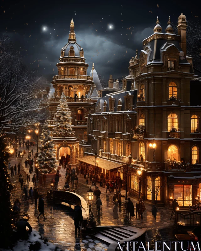 Festive European Street at Night During Christmas AI Image