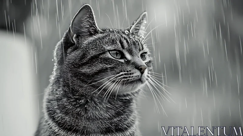 Cat in Rain Close-Up Monochrome Image AI Image