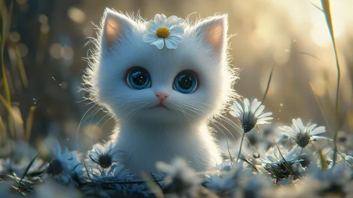 Charming Kitten in Nature with Daisies and Sunlight