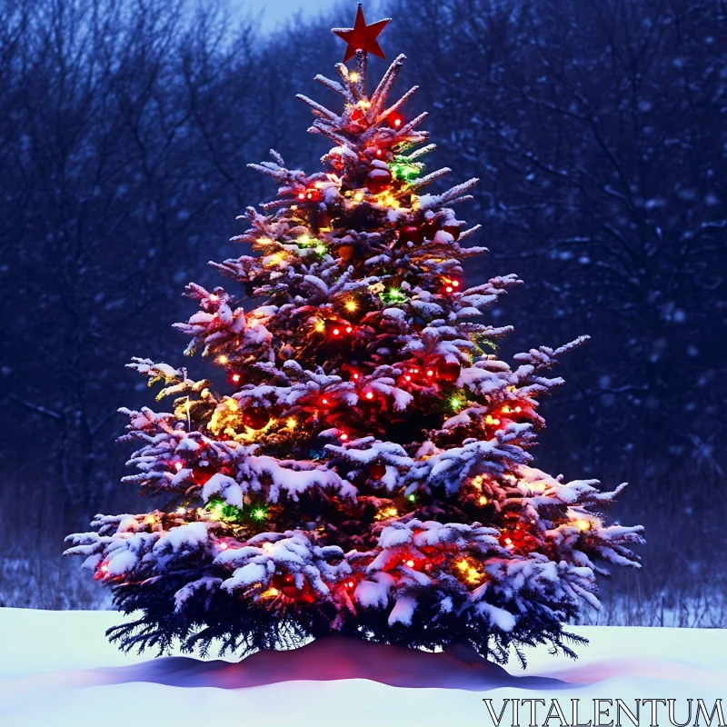 Festive Tree with Colorful Lights in Winter AI Image