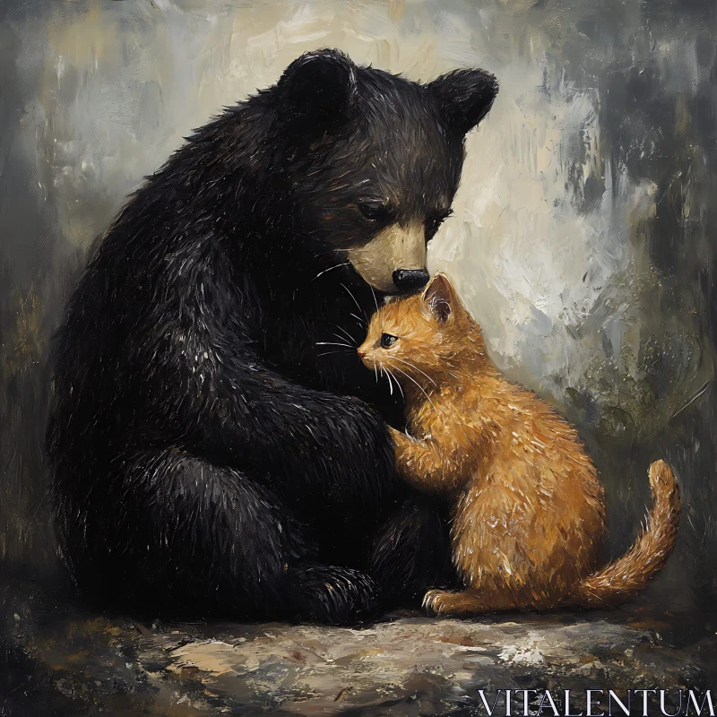 Tender Friendship Between a Bear and Kitten AI Image