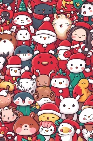 Festive Cartoon Characters Wearing Santa Hats