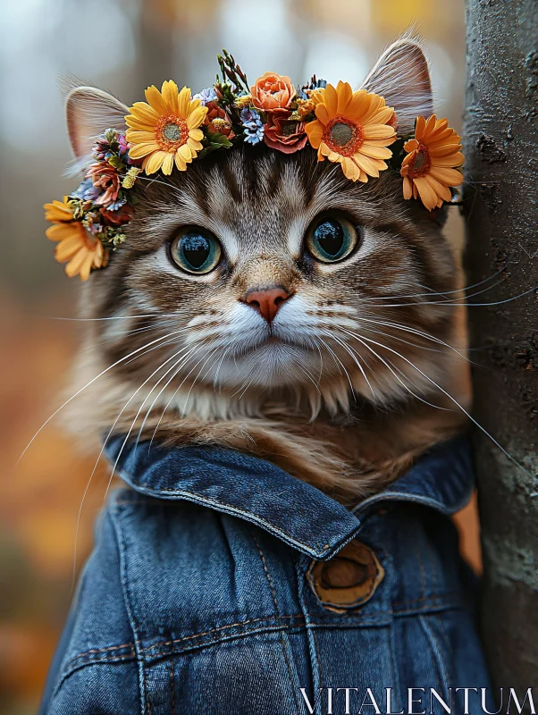 Adorable Cat in Denim Jacket with Floral Headpiece AI Image