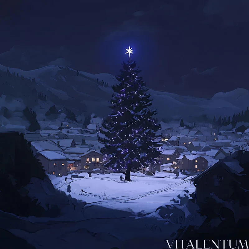 Holiday Lights in a Snow-Covered Village AI Image