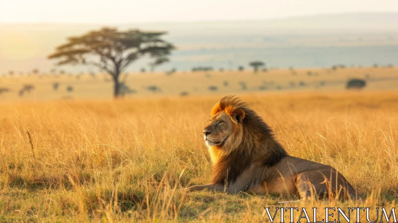 Captivating Lion Resting in the Savanna AI Image