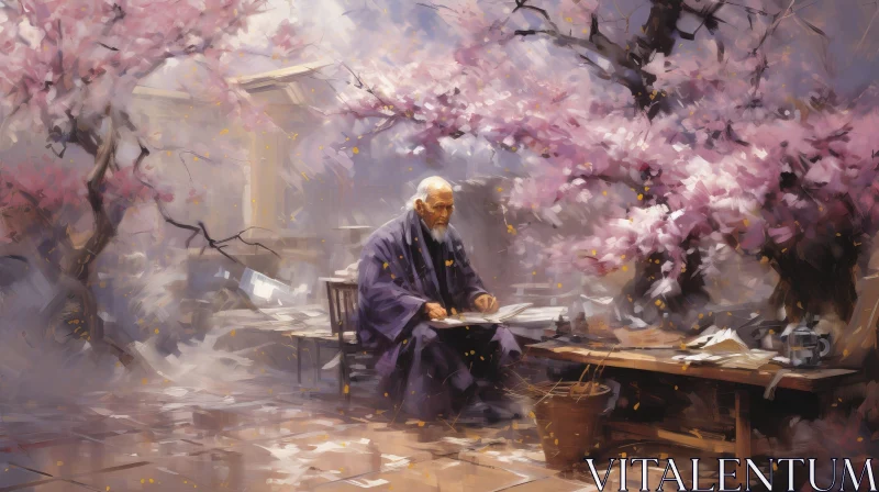Chinese Painting of Man Reading in Courtyard AI Image