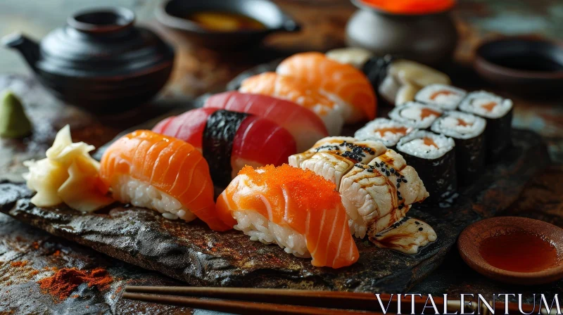Exquisite Sushi Delights on Black Stone Plate - Japanese Cuisine AI Image