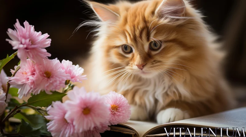Ginger Cat with Pink Flowers - Enchanting Moment Captured AI Image