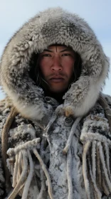 Intense Portrait of an Arctic Indigenous Young Man in Fur Coat