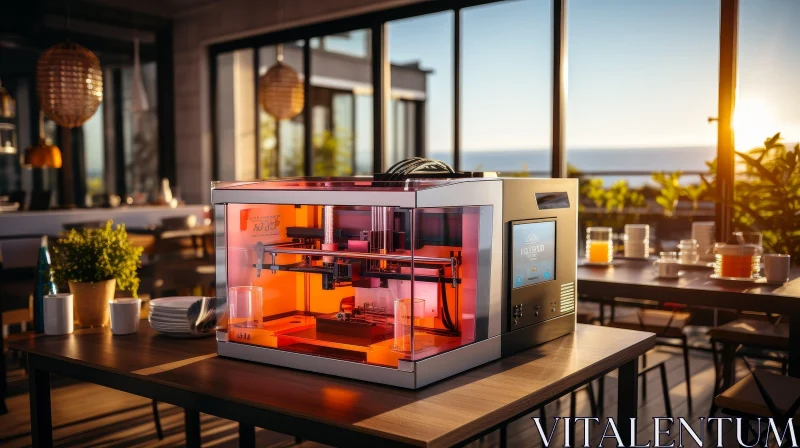Modern 3D Printer in Sunlit Room with Ocean View AI Image