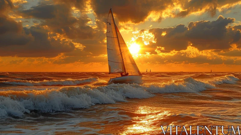 Sailboat on Ocean Waves at Sunset - Photo-Realistic Landscapes AI Image