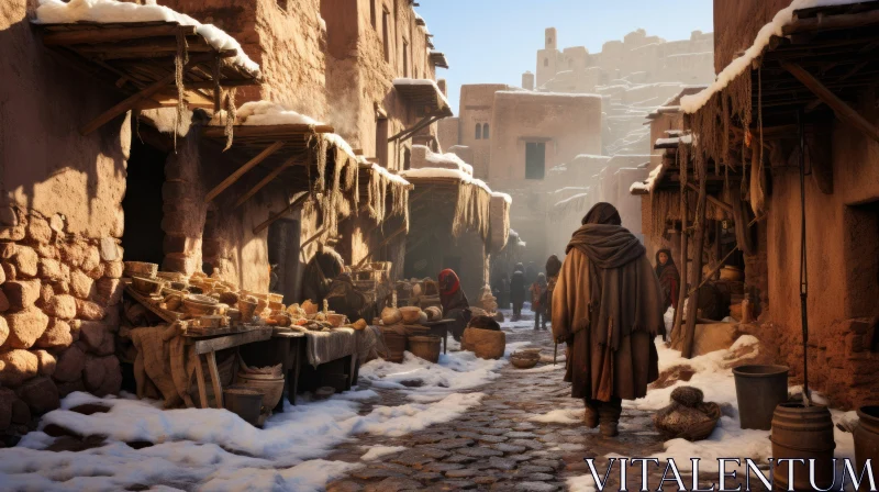 Snow-Covered Alley in an Old-Fashioned Market Town AI Image