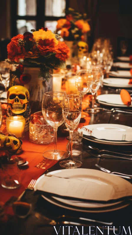 Spooky Themed Table Setting with Skull Motifs AI Image