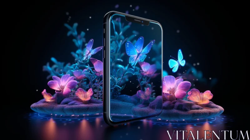 Surreal Smartphone in Colorful Garden with Butterflies AI Image