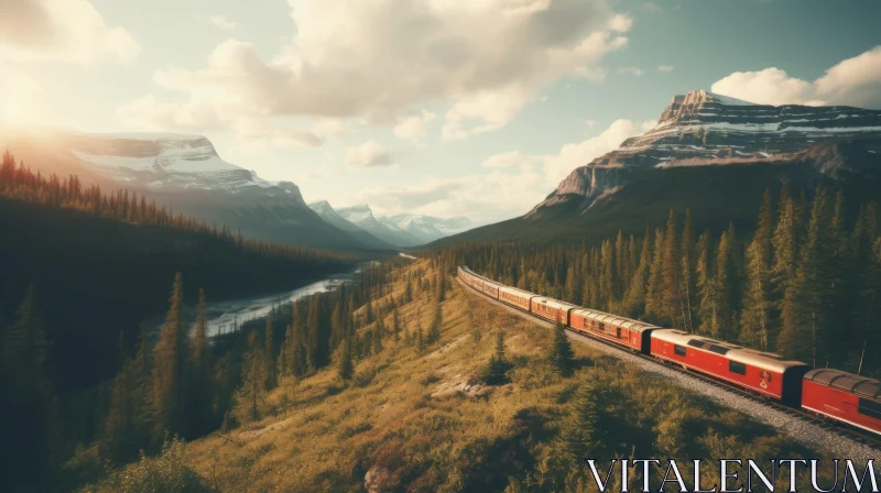 Tranquil Train Journey through the Canadian Mountains AI Image