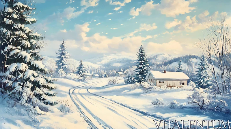 AI ART Tranquil Snowy Countryside with Cabin and Pine Tree