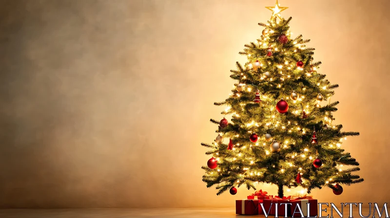 Festive Christmas Tree with Glittering Lights and Gifts AI Image