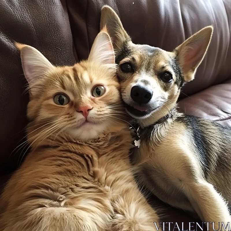 Cute Cat and Dog Hugging on Leather Couch AI Image