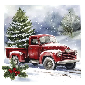 Classic Christmas Scene with Snow and Red Truck